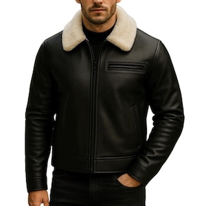 Men&#39;s Black Shearling Leather Bomber Jacket: Handmade Aviator Coat