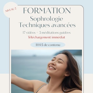 Peut inclure: Image promotionnelle pour un cours de sophrologie. On y voit une femme souriante, les bras tendus, sur fond de mer floue. Le texte indique "FORMATION Sophrologie Techniques avancées" et "17 vidéos + 3 méditations guidées".