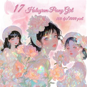 Hologram Peony Girl Stickers: 17 Anime Blomsterporträtt (Digital Nedladdning)