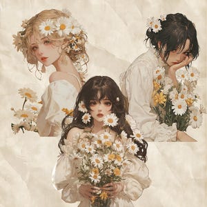 May include: An artistic illustration of three women with floral accents. Two women have flowers in their hair, and one holds a bouquet of daisies. They are wearing white dresses, set against a textured, cream-colored background.