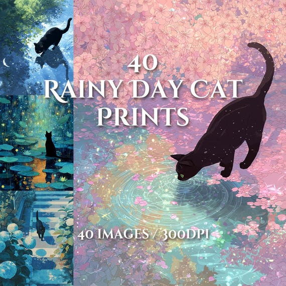 アニメ風 猫と月 アートプリント 黒猫の雨の日アート：心温まるアニメイラスト40点（デジタル