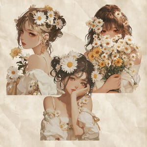 May include: An illustration of three women adorned with daisy crowns and bouquets. They wear white off-the-shoulder dresses, with daisy accents. The artwork has a soft, vintage aesthetic, with a warm color palette and delicate details.