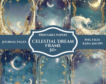 Celestial Dream Frames – ponad 50 magicznych złotych ramek z motywem gwieździstej nocy | Cyfrowe papiery Fantasy Galaxy do scrapbookingu i tworzenia dzienników