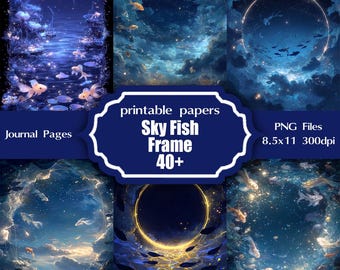 Grafika ścienna z latającą rybą i niebem | Surrealistyczna ramka z chmurami oceanicznymi do pobrania | Marzycielska, fantastyczna grafika do druku