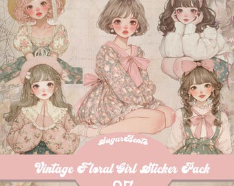 May include: A sticker pack featuring illustrations of vintage-style girls in floral dresses and accessories. The sticker pack includes the text "Vintage Floral Girl Sticker Pack" and the number "27". The illustrations have a soft, pastel color palette.