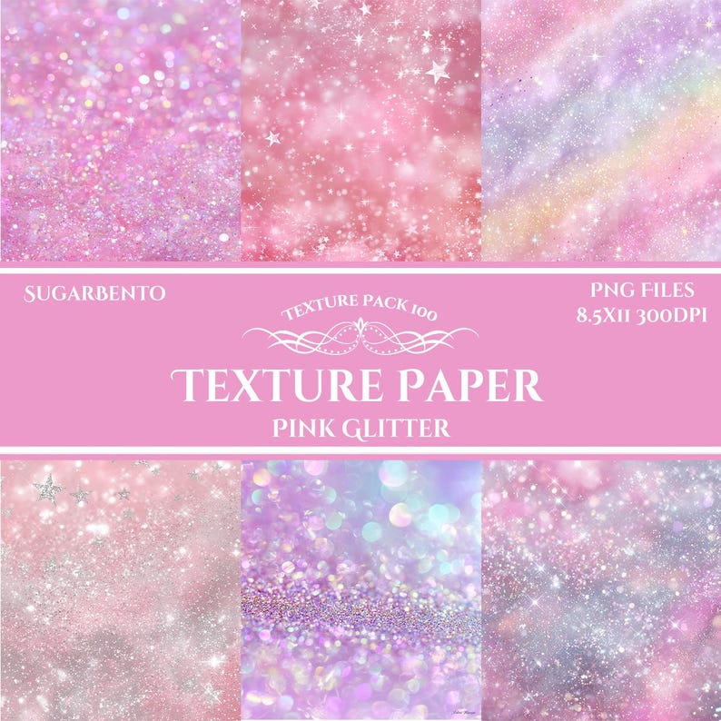 Pu&ograve; includere: Un pacchetto di texture digitali con sei immagini di glitter rosa ed effetti scintillanti. Le immagini presentano varie tonalit&agrave; di rosa, alcune con stelle e un effetto arcobaleno. Il testo "TEXTURE PAPER PINK GLITTER" &egrave; visualizzato.