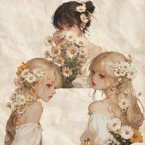May include: An artistic illustration featuring three women with long hair adorned with daisies. One woman holds a bouquet of daisies, while the others are styled with daisy hair accessories. They wear white off-the-shoulder dresses, set against a textured, off-white background.