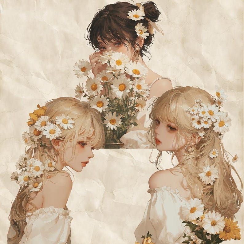 May include: An artistic illustration featuring three women with long hair adorned with daisies. One woman holds a bouquet of daisies, while the others are styled with daisy hair accessories. They wear white off-the-shoulder dresses, set against a textured, off-white background.