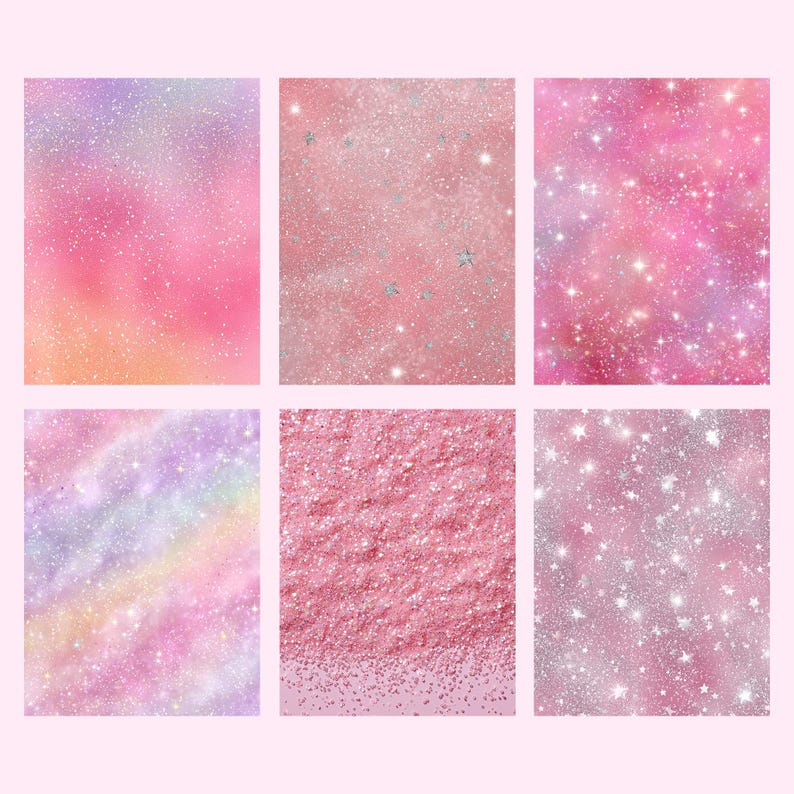 Pu&ograve; includere: Sei immagini rettangolari su sfondo rosa. Ogni immagine presenta un diverso design glitterato. I design includono sfumature di rosa, viola e arancione, alcuni con stelle argentate o una texture glitterata.