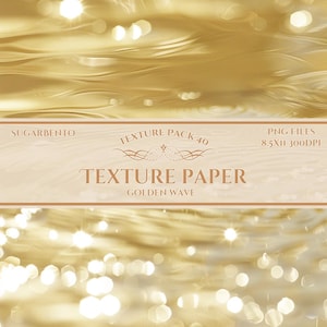 Puede incluir: Un diseño de papel de textura digital con un patrón de ondas doradas y efecto bokeh. La imagen incluye el texto "SUGARBENTO", "TEXTURE PACK 40", "PNG FILES 8.5X11 300DPI" y "TEXTURE PAPER GOLDEN WAVE".