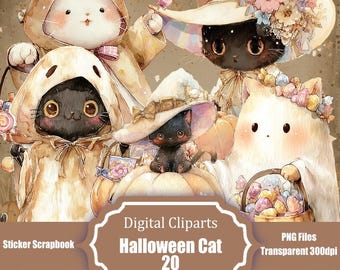 Paquete de imágenes prediseñadas de gato de Halloween / Pegatinas de gato bruja lindas / Descarga digital de gato calabaza kawaii / Fondo transparente