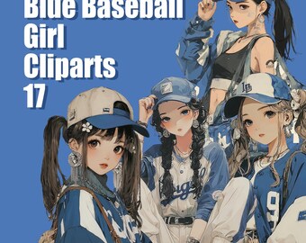 Zestaw naklejek z uroczymi dziewczynami z anime w baseballu | Niebieski i biały mundur, estetyczny, cyfrowy do pobrania | Kawaii, sportowa dziewczyna, grafika do albumu, dziennika