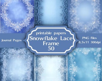 50 ramek z koronką w kształcie płatków śniegu | Zimowe tła w formacie Letter | Papier Frozen Ice | Cyfrowe strony do scrapbookingu Blue Frost | Zestaw ramek do druku