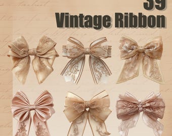 Vintage Ribbon Sticker Pack: Pastel Lace Bows for Journaling (PNG Digital Download)