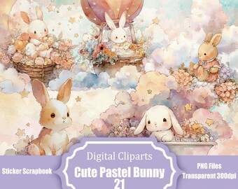 Conjunto de imágenes prediseñadas de conejito lindo / Ilustraciones de conejito bebé en acuarela / Arte mural para guardería / Paquete PNG de conejo pastel / Descarga digital
