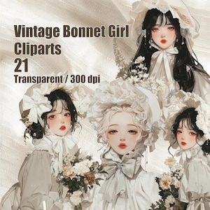 May include: Digital clipart set featuring four illustrations of vintage bonnet girls. The girls are depicted in soft, pastel colors, wearing white bonnets and dresses. The text "Vintage Bonnet Girl Cliparts 21 Transparent / 300 dpi" is displayed.