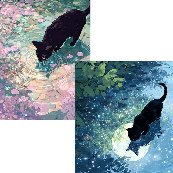 黒猫の雨の日アート：心温まるアニメイラスト40点（デジタル