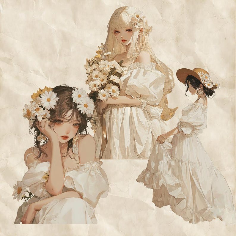 May include: An illustration of three women in white dresses, adorned with daisy flower crowns and bouquets. The artwork has a soft, pastel color palette, with a vintage paper background. The women have long hair and are in a romantic, ethereal setting.