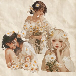 May include: An artistic illustration featuring three figures adorned with daisies. They wear white dresses and have daisies in their hair. Each figure is holding or surrounded by bouquets of daisies, creating a soft, floral aesthetic.