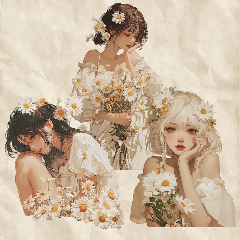 May include: An artistic illustration featuring three figures adorned with daisies. They wear white dresses and have daisies in their hair. Each figure is holding or surrounded by bouquets of daisies, creating a soft, floral aesthetic.
