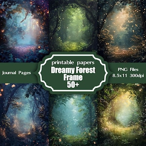 Puede incluir: Colección de arte digital con escenas de bosques de ensueño. Las imágenes muestran varios senderos forestales con luces brillantes y exuberante follaje. La imagen central incluye el texto "Dreamy Forest Frame 50+" y "PNG Files 8.5x11 300dpi."