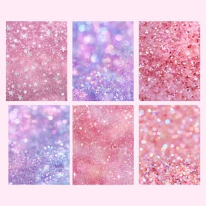Pu&ograve; includere: Sei immagini rettangolari con sfondi glitterati nei toni del rosa, viola e argento. Alcune immagini hanno glitter a forma di stella. I glitter creano un effetto scintillante e sognante, ideale per l'arte digitale o gli sfondi.
