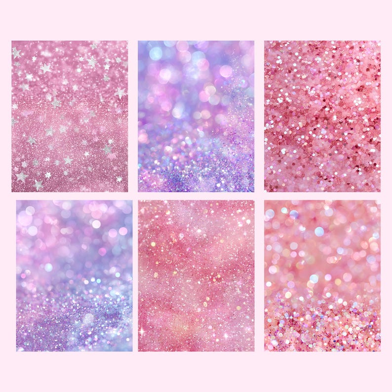 Pu&ograve; includere: Sei immagini rettangolari con sfondi glitterati nei toni del rosa, viola e argento. Alcune immagini hanno glitter a forma di stella. I glitter creano un effetto scintillante e sognante, ideale per l'arte digitale o gli sfondi.
