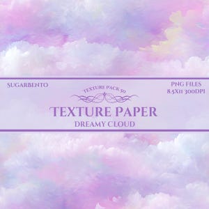 Puede incluir: Un paquete de papel de textura digital con un diseño de nube de ensueño. El fondo presenta una suave mezcla de tonos rosas, morados y blancos, que se asemejan a un cielo nublado. El texto en la imagen dice "Texture Paper Dreamy Cloud" y "PNG Files 8.5x11 300DPI".