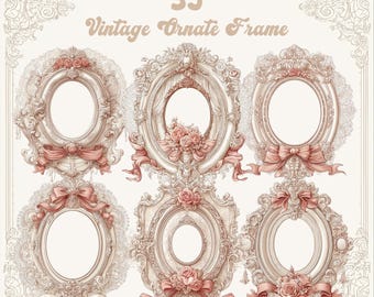 Naklejki w formie ozdobnych ramek w stylu vintage: Różowa wstążka i róża (pobierz PNG)