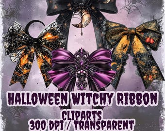 Zestaw clipartów z wstążkami z motywem Halloween – akwarelowe gotyckie kokardy, ozdobne ilustracje wstążek, estetyka czarownicy w wersji cyfrowej do pobrania