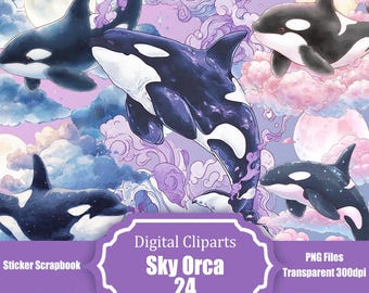 Zestaw wydruków artystycznych „Whale Sky”, Dreamy Orca Digital Download, Dekoracja ścienna „Księżycowe chmury” z oceanem, Pakiet plakatów z wielorybem fantasy, Przezroczyste kliparty