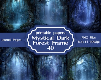 Mistyczne ramki z mrocznym lasem – zaczarowane nocne leśne obramowania ze świecącym światłem, tła o tematyce fantasy i natury do sztuki cyfrowej