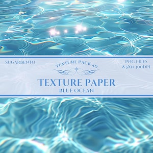 Op de afbeelding: Een digitaal textuurpakket met een close-up van kabbelend blauw water met heldere highlights. De tekst "TEXTURE PAPER BLUE OCEAN" staat op een lichtblauwe banner. De afbeelding bevat ook de tekst "SUGARBENTO" en "TEXTURE PACK 40".