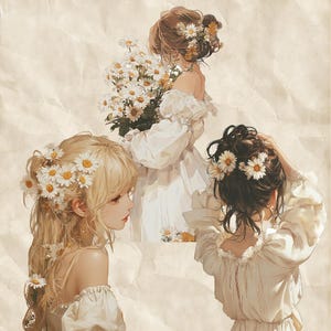 May include: An illustration of three women with daisy flower crowns and white dresses. One woman holds a bouquet of daisies. The artwork has a soft, vintage aesthetic with a warm color palette, evoking a sense of spring and nature.