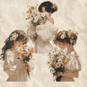 May include: Illustration of three figures in white dresses, each holding bouquets of white and yellow daisies. The figures have flowers in their hair, and the background is a textured, off-white color.