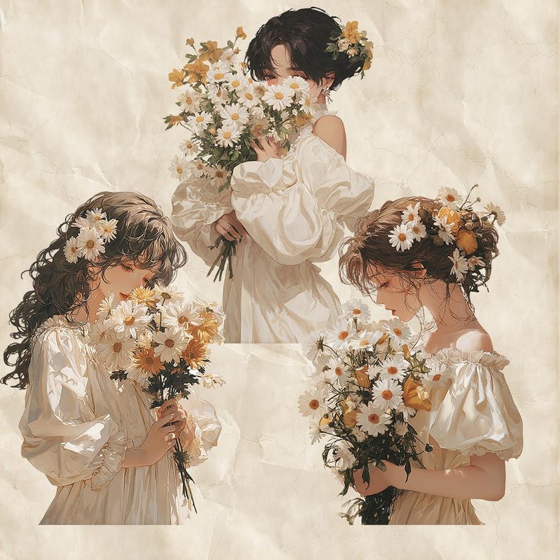 May include: Illustration of three figures in white dresses, each holding bouquets of white and yellow daisies. The figures have flowers in their hair, and the background is a textured, off-white color.
