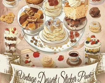 Pakiet naklejek z deserami w stylu vintage: Ilustracje retro słodyczy i ciast (do pobrania w wersji cyfrowej)