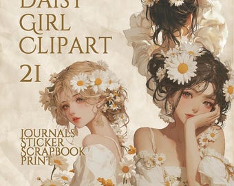 Zestaw klipartów z dziewczynką w stylu vintage Daisy, estetyczna sztuka cyfrowa w stylu kwiatowym, ilustracja dziewczyny z kwiatami w stylu cottagecore, romantyczna grafika ścienna do druku w formacie PNG