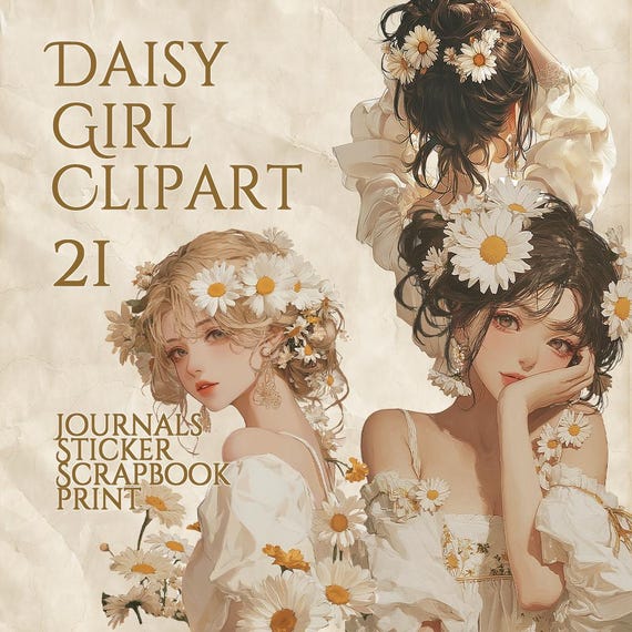 Vintage Daisy Girl Clipart Bundle, Floral Aesthetic Digital Art, Cottagecore Flower Girl Illustration, Romantic Printable Wall Art PNG