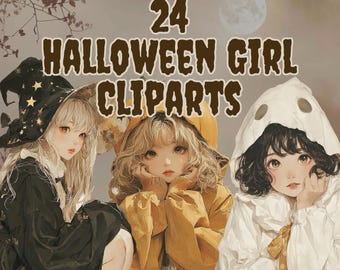 Zestaw clipartów z dziewczyną z Halloween | Urocza czarownica, duch, dynia, sztuka cyfrowa | Straszne, estetyczne ilustracje PNG