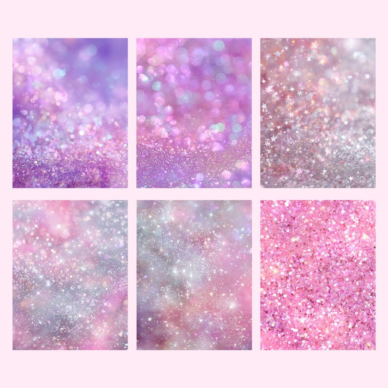 Pu&ograve; includere: Sei immagini rettangolari con effetti glitter e bokeh. La tavolozza dei colori include sfumature di rosa, viola e argento. Le immagini hanno un aspetto sognante e scintillante, con diversi livelli di dettaglio e consistenza.