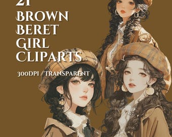 Zestaw clipartów z dziewczyną w brązowym berecie, 21 uroczych ilustracji dziewczyn z anime, pakiet jesiennych obrazów PNG, cyfrowe pobieranie portretów retro w stylu vintage