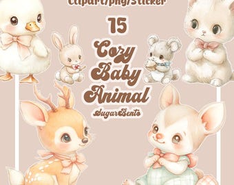 Pakiet naklejek z akwarelowymi zwierzątkami: pastelowe grafiki kawaii (pliki PNG do planerów cyfrowych i Goodnotes)