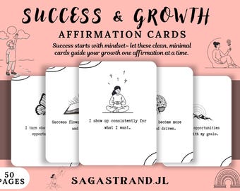 May include: A set of 50 Success & Growth affirmation cards on a pink background. The cards feature black and white line art illustrations and text including, I show up consistently for what I want. The brand name SAGASTRAND.JL is printed at the bottom.