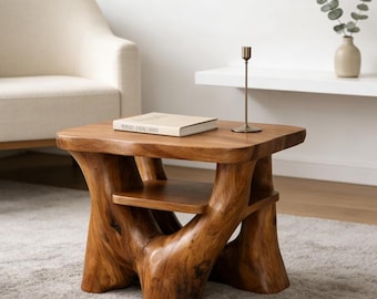 Wabi Sabi Solid Wood Side Table, Hand Carved Natural Root End Table, Rustic Coffee Table with Shelf,  Living Room Decor,Housewarming Gift