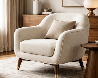 Boucle Leather Accent Chair, Italian Design Lounge Chair, Mid Century Modern Armchair, Sculptural Reading Chair for Living Room Bedroom