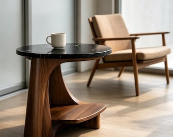 Walnut Marble End Table, Sculptural Side Table with Storage Shelf, Modern Round Accent Table for Sofa or Bedside, Contemporary Small Table