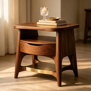 Mesita de noche moderna de mediados de siglo con cajón, mesita de noche de madera maciza con estante de latón, mesa auxiliar de nogal, mesa auxiliar escultural, regalo de inauguración de casa