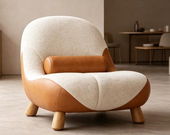 Boucle Accent Chair with Lumbar Pillow, Cream Lounge Chair with Wood Legs, Cozy Upholstered Armchair for Living Room,Comfy Reading Chair