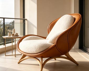 Boucle Reading Chair with Leather Trim, Modern Upholstered Armchair Accent